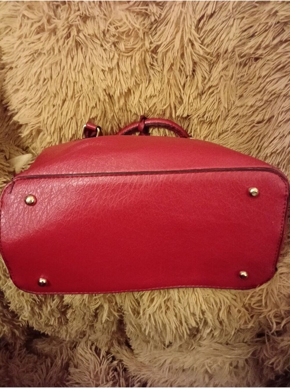 Red Structured Satchel Tote Handbag Faux Leather Top Handle Purse Gold Hardware - Picture 5 of 10